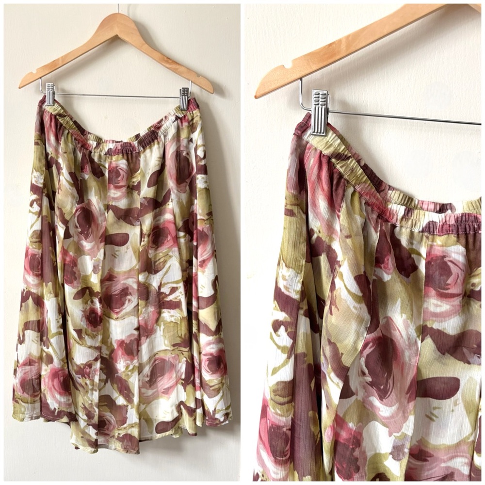 Earth Toned Floral Watercolour Pink Green Brown Flowy Pleated‎ Midi Skirt